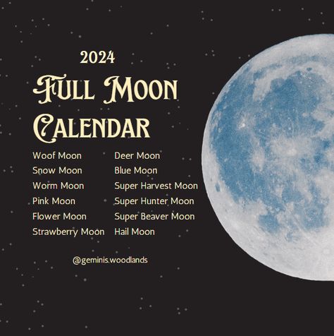 January 25, 2024: Wolf Moon | February 24, 2024: Snow Moon or Snow Moon | March 25, 2024: Worm Moon | April 23, 2024: Pink Moon | May 23, 2024: Flower Moon | June 21, 2024: Strawberry Moon | July 21, 2024: Deer Moon | August 19, 2024: Super Sturgeon Moon , a seasonal blue moon | September 17, 2024: Super Harvester Moon | October 17, 2024: Super Hunter Moon | November 15, 2024: Super Beaver Moon | December 15, 2024: Hail Moon Super Blue Moon 2024, Hunter Moon, Full Moon Calendar, Super New Moon, Beaver Moon, Worm Moon, Super Beaver, Sturgeon Moon, Snow Moon