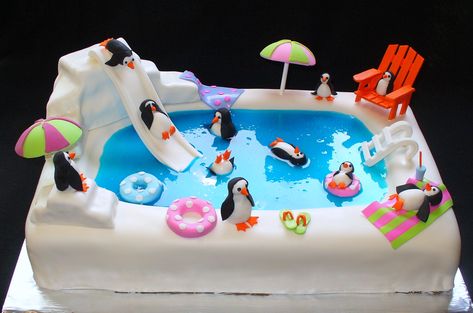 Pool Party Cake Penguin Food, Pool Cakes, Pool Birthday Cakes, Pool Party Cake, Swimming Pool Cake, Kue Fondant, Pool Party Cakes, Pool Cake, Penguin Cakes