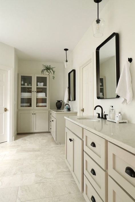 Bathroom With White Walls, Beige Bathroom Floor, White And Beige Bathroom, Beige Bathroom Tile Ideas, Beige Bathroom Tile, Beige And White Bathroom, Complete Bathroom Remodel, Beige Cabinets, Marble Tile Bathroom