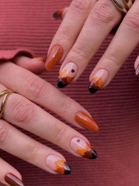 burnt orange and brown landscape nails Burnt Orange Nails, Brown Nail Art, Orange Nail Designs, Brown Nails Design, Nail Art For Beginners, October Nails, Vacation Nails, Trendy Nail Design, Festival Nails