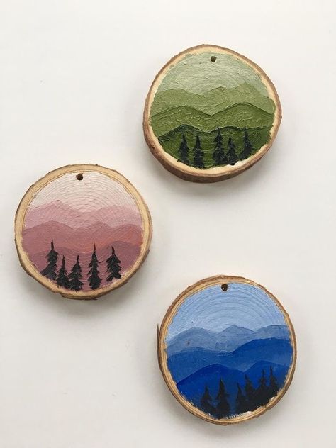 Minimalist Hairstyles, Mountain Oil Painting, Oil Painting On Wood, Wood Slice Crafts, Wood Slice Art, Office Decorations, Wood Painting Art, Wood Circles, Wood Slice Ornament