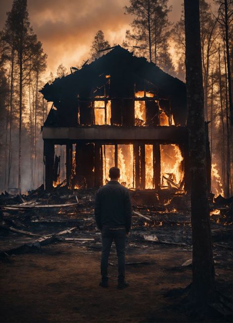 A sad man standing in front of a burnt down home in a forest, stunning details, 8k Burnt House Aesthetic, Burnt House Ruins, Burnt Down House, Burnt Forest, Burning Building, Fire Rocks, Pine Tree Silhouette, Burning House, Book Vibes