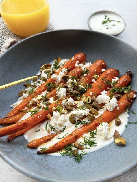 Orange Juice & Maple Glazed Carrots with Feta, Pistachios, and Orange Yogurt Sauce — Sammi Brondo | NYC based Registered Dietitian Nutritionist Carrots With Feta, Sammi Brondo, Orange Glazed Carrots, Orange Yogurt, Maple Glazed Carrots, Banana Bars, Peanut Butter Oatmeal Cookies, Registered Dietitian Nutritionist, Peanut Butter Oatmeal