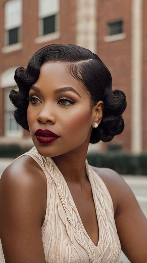 How to Style Plum Shoulder-Length Layers? Quick Tips! 💁🏾‍♀️ 1920s Hair Styles For Black Women, Harlem Night Hairstyles Black Women, Pinned Up Hairstyles For Long Hair, Black Women Vintage Hairstyles, Pin Curls For Long Hair Black Women, Black Women Hairstyles Wedding, Black Vintage Hairstyles, Great Gatsby Hairstyles For Black Women, 1920s Hair Black Women