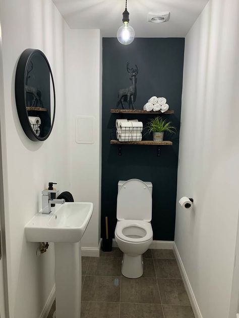 Black Behind Toilet, Dark Grey Downstairs Toilet, Toilet Room Wall Ideas, Powder Room Accent Wall Behind Toilet, Bathroom Dark Accent Wall, Small Toilet Makeover, Small Half Bathroom Ideas Modern, Guest Toilet Ideas Small Modern, Behind Toilet Accent Wall