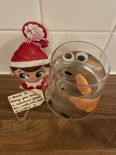 elf on the shelf melted snow man inspiration glass of water carrot googly eyes Googly Eye Elf On The Shelf, Elf Melted Snowman, Elf On The Shelf Melted Snowman, Elf On The Shelf Googly Eyes, Melted Snowman Elf On The Shelf, Elf Ideas Easy, Melted Snowman, Awesome Elf On The Shelf Ideas, Elf Ideas