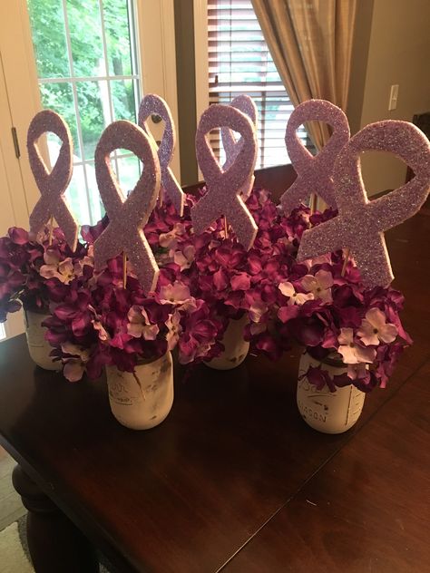 Pink Ribbon Table Decorations, Pinktober Awareness Decoration, Breastcancerawareness Ideas, Pink Out Decorations, Cancerversary Party, Remission Party, Lilac Decor, Survivor Party, Pink Out