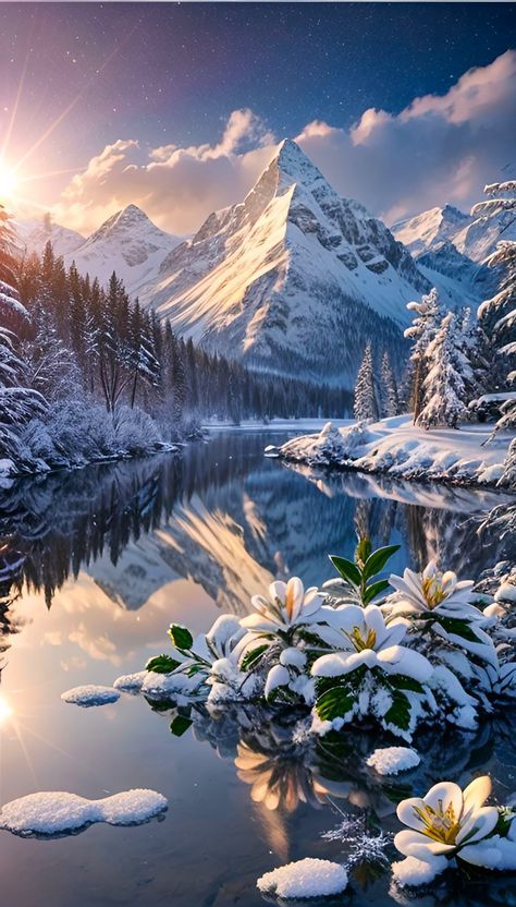 Wallpaper Art Icy Mountains Aesthetic, Mountain With Flowers, Icy Mountains, Snow Wallpaper, Mountain Flowers, Beautiful Winter Scenes, Mountains Aesthetic, Scene Wallpaper, Relaxing Space