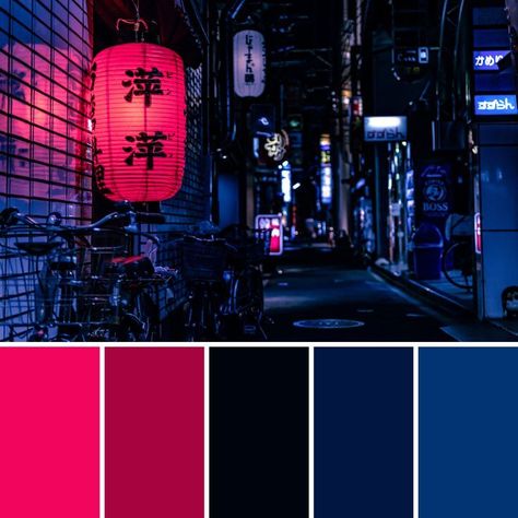 Japan Theme Colour PaletteUsed Photo by Jase Bloor from Unsplash website. Color Palette City Night, Tumblr Color Palettes, Tokyo Colour Palette, Kitsune Color Palette, Website Color Theme, Blue Hour Color Palette, Dark Saturated Color Palette, Japan Colour Palette, Pixel Art Colour Palette