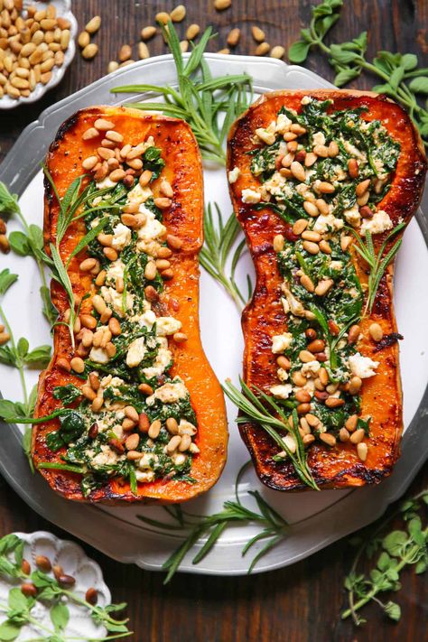 Roasted Butternut Squash Halves (two) stuffed with Feta Cheese and Spinach, topped with pine nuts - on a white platter. Butternut Squash Low Carb, Feta Bake, Simple Spinach Salad, Butternut Squash Recipes Roasted, Homemade Balsamic Vinaigrette, Vegan Feta Cheese, Thanksgiving 2023, White Platter, Butternut Squash Recipes