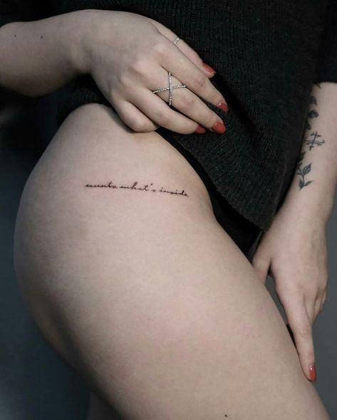 Hip Quote Tattoo, Low Hip Tattoo, Tiny Hip Tattoo, Hip Tattoo Quotes, Tattoo On Hip, Side Hip Tattoos, Hip Tattoo Small, Coordinates Tattoo, Tattoo Hip