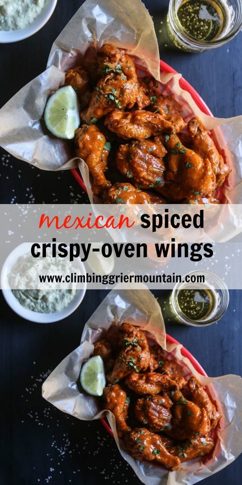 Crispy Oven Wings, Mexican Wings, Oven Wings Crispy, Oven Wings, Wings In The Oven, Wing Sauce Recipes, Baked Wings, Avocado Crema, Mexican Spices