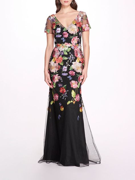 Embroidered Floral V-Neck Gown – Marchesa Prefall 2023, Black Tie Wedding Attire, Marchesa Notte Dress, Black Tie Wedding Guest Dress, Black Tie Attire, Charmeuse Dress, Satin Ball Gown, Black Tie Wedding Guests, Long Formal Gowns