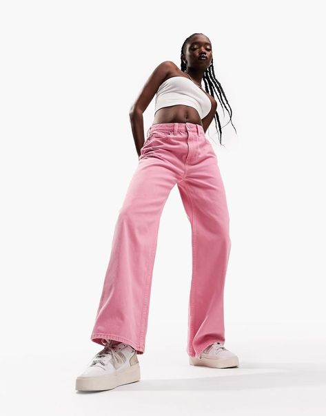 Jeans by ASOS DESIGN Denim of the decades Slim through the hips​ Wide-leg silhouette​ High rise Zip fly Five pockets Pink Wide Leg Jeans, Rose Jeans, Design Jeans, Mode Jeans, Pink Denim, Dad Jeans, Spring Floral Dress, Winter Party Dress, Lined Jeans