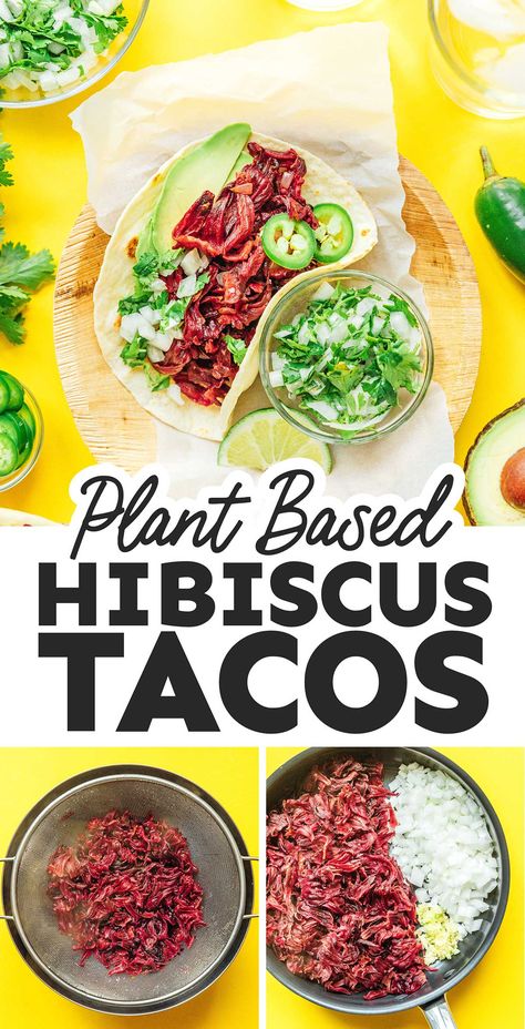 Switch things up this Taco Tuesday by trying hibiscus tacos! Otherwise known as tacos de Jamaica, they feature flowers from the hibiscus plant. This recipe is a fun way to make vegan tacos (and reduces food waste since you can save the scraps from your tea)! Hibiscus Tacos, Hibiscus Recipe, Vegetarian Tacos Recipes, Vegan Taco, Vegetarian Recipes Dinner Healthy, Vegetarian Casserole, Healthy Budget, Vegetarian Mexican, Dinner Vegan