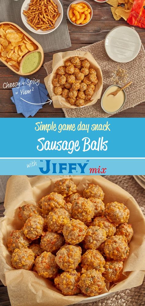 Prepare for victory with delicious Sausage Balls made with “JIFFY” Baking Mix. Crowd pleasing snacks are simple with "JIFFY". Sausage Balls With Jiffy, Jiffy Mix Recipes, Jiffy Recipes, Jiffy Cornbread Recipes, Bbq Pulled Pork Slow Cooker, Sausage Cornbread Stuffing, Baking Mix Recipes, Sausage Balls Recipe, Jiffy Mix