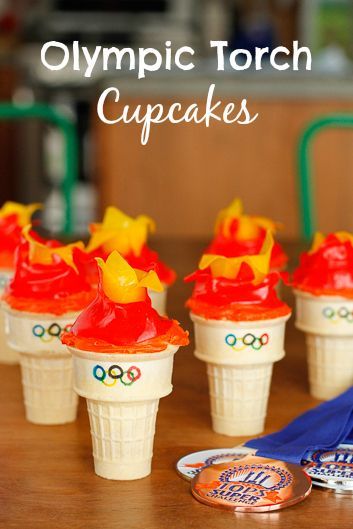 Olympic Torch Cupcakes -- if you've ever made ice cream cone cupcakes, these adorable Olympic torch cupcakes will be a cinch to make. Go USA!!!  | via @Tara Kuczykowski on unsophisticook.com Torch Cupcakes, Olympic Party Food, Olympic Food, Olympic Theme Party, Olympic Games For Kids, Olympics Party, Kids Olympics, Olympic Crafts, Cone Cupcakes