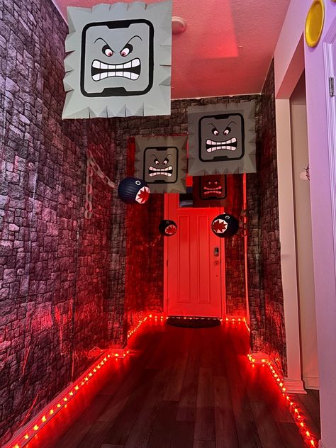 Bowser Birthday Party Decorations, Bowsers Castle Decoration, Bowser Trunk Or Treat Ideas, Mario Hallway Decorations, Mario Brothers Halloween Decorations, Bowser Castle Decoration, Mario Halloween Party, Mario Castle Diy, Super Mario Halloween Decorations