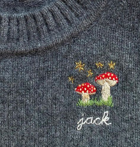 Bespoke Embroidery by Cressida Jamieson Embroidery Designs Mushroom, Mushroom Embroidery Sweater, Mushroom Embroidery Pattern, Embroidery On Knitting, Embroidered Mushrooms Simple, Magic Mushroom Embroidery, Mushroom House Embroidery, Embroidered Hats Ideas, Crochet Step By Step