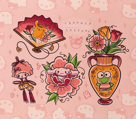 Sanrio Traditional Tattoo, Shawnee Tattoo, Sanrio Flash Tattoo, Kawaii Tattoo Flash, Tattoo Designs Y2k, Christmas Tattoo Flash, Japanese Traditional Tattoo Flash, Sanrio Tattoo Ideas, Kawaii Flash Tattoo