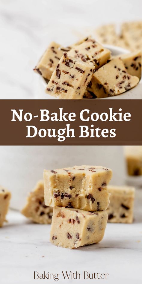 Satisfy your sweet tooth with these decadent no bake cookie dough bites. They're easy to make, require no baking, and are perfect when craving something sweet. No Bake Cookie Dough Bites, Cookie Dough Bark, Edible Cookie Dough Bites, Edible Chocolate Chip Cookie Dough, Chocolate Chip Cookie Dough Bites, No Bake Cookie, No Bake Cookie Dough, Cookie Dough Bars, Classic Cookies Recipes