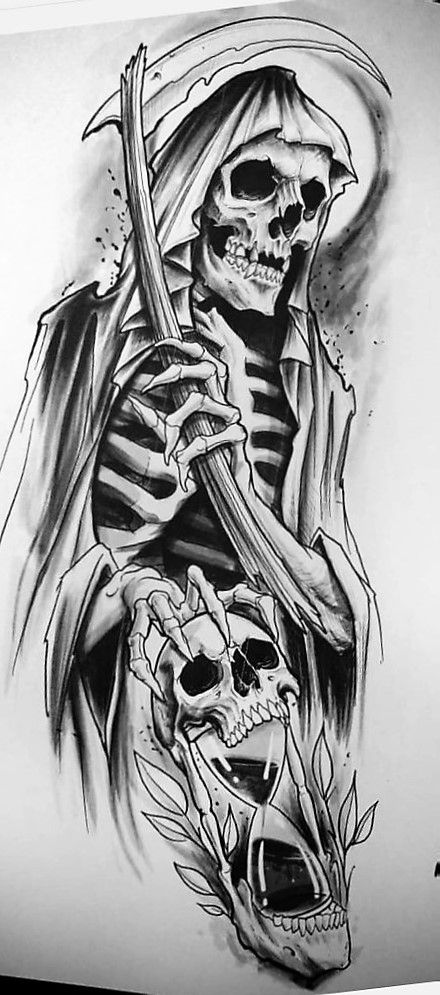 Tattoo New School, Reaper Drawing, Evil Skull Tattoo, Tattoo New, Skull Art Tattoo, Grim Reaper Tattoo, Reaper Tattoo, Skull Sleeve Tattoos, Skull Sleeve