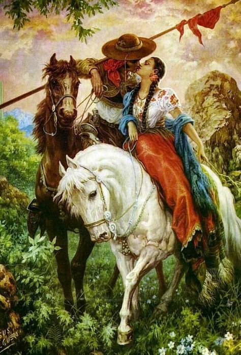 Jesus Helguera, Two People, The Back, A Man, A Woman, Cowboy, Jesus, Horses, White