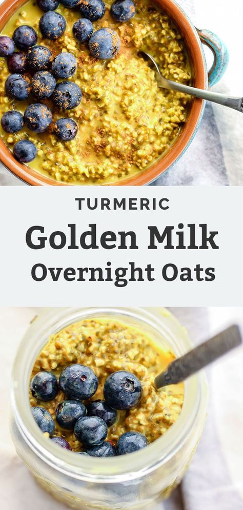 Easy Golden Milk Overnight Oats. A superfood drink turned into a quick grab-n-go filling meal! A healthy clean eating breakfast, perfect for everyone. With healthy fats, good carbs, fiber and protein. Plus anti-inflammatory effects thanks to turmeric. Prep this easy recipe in a jar, place in the fridge overnight and then top with your favorite toppings (blueberries are always a favorite!) the next morning. Vegan and gluten-free. Golden Milk Benefits, Turmeric Golden Milk, Inflammation Diet Recipes, Milk Benefits, Vegan Overnight Oats, Anti Inflammation Recipes, Good Carbs, Steel Cut Oats, Go Vegan