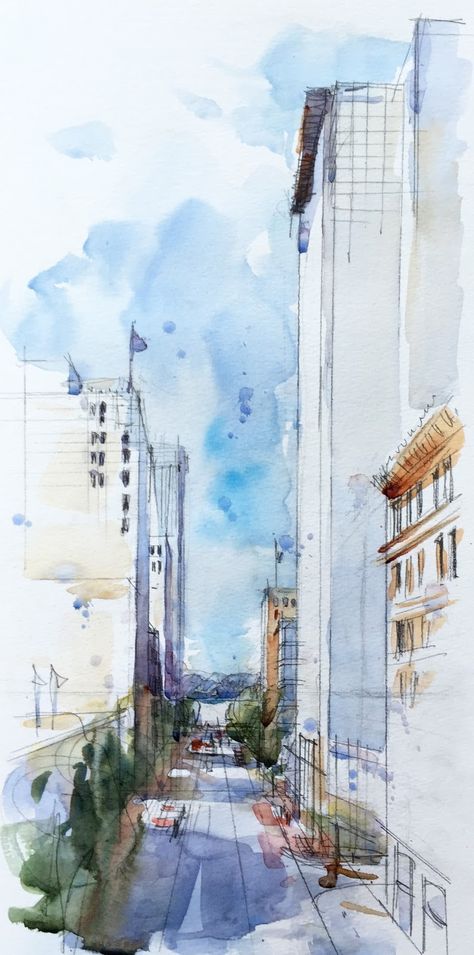 Drawing Perspectives Perspective Drawing Watercolor, Scape Painting, City Scape Painting, 1 Point Perspective, Perspective Sketch, Art 2022, Watercolor City, One Point Perspective, City Scape