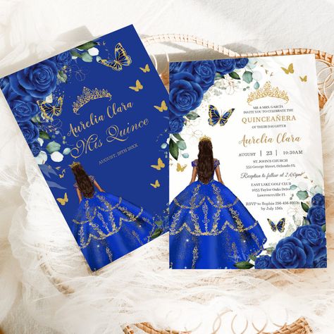 Royal Blue And Gold Invitations, Quinceañera Royal Blue, Royal Blue Quinceanera Decorations, Blue And Gold Invitations, Royal Blue And Gold Quinceanera, Royal Blue Roses, Blue Rose Dress, Royal Blue Quinceanera, Quinceañera Invitation