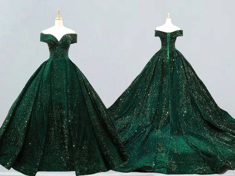 Green Fantasy Gown, Fantasy Ballgowns, Green Wedding Gown, Formal Dress Women, Sequins Wedding Gown, Green Silhouette, Black Lace Wedding Dress, Green Ball Gown, Black Lace Wedding