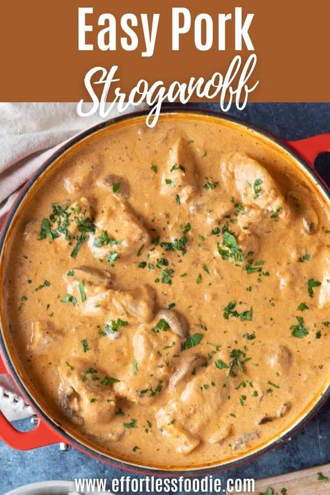 An easy pork stroganoff recipe made with diced pork and sliced chestnut mushrooms. You can make it with leftover roast pork too! Leftover Pork Roast Recipes, Leftover Pork Loin Recipes, Pork Stroganoff Recipe, Pork Stroganoff, Pork Fillet Recipes, Leftover Pork Recipes, Pork Stew Meat, Leftover Pork Roast, Chestnut Mushrooms