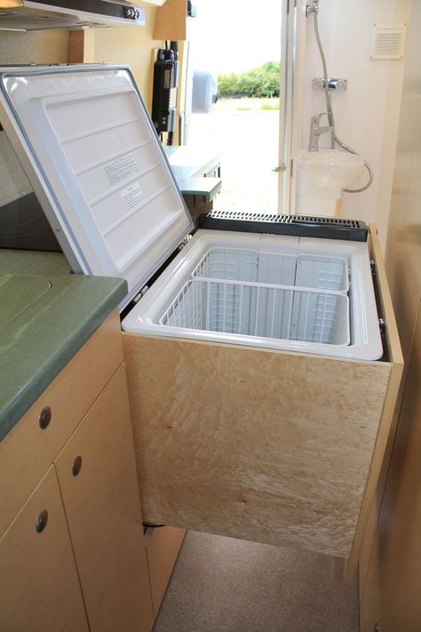 Camper Van Fridge, Van Fridge, Cargo Trailer Camper, Rv Dreams, Car Living, Camper Kitchen, Bus Living, Van Conversion Interior, Campervan Life