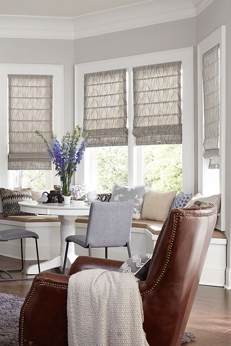 Bay windows are beautiful, but it can be tough to find blinds or window coverings ideas for them. Here's the Blinds.com guide to bay window blinds ideas. Bay Window Blinds, Bay Window Design, Kitchen Window Coverings, Bay Window Treatments, Bay Window Living Room, Kitchen Bay Window, Window Curtains Bedroom, Modern Blinds, Living Room Blinds