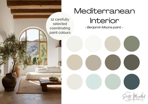 A Mediterranean interior exudes calm and serenity. It uses organic materials and textures and natural hues to create an atmosphere prone to relaxation, with subtle touches of brighter colours. Are you considering transforming your home into a Mediterranean haven but not sure what colours to consider? Discover 12 colours that work beautifully to create your dream home. This comprehensive, expertly put together, and budget-friendly paint palette will give your house the perfect modern farmhouse st Mediterranean Colour Palette, Mediterranean Paint Colors, Airbnb Startup, Scandinavian Interior Color Palette, Mediterranean Modern Interior, Benjamin Moore Neutral Paint Colors, Home Colour Schemes, Mediterranean Color Scheme, Interior Colour Palette