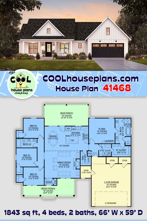 This 4 bedroom Country Ranch Home Plan has 1,843 sq ft of living area & a split floor plan. That means Mom and Dad have a private suite on the right side of the house, & three children's bedrooms are on the left. The master suite includes a full bathroom with two vanities, soaking tub, walk-in shower, private toilet closet, and huge walk-in closet that is connected to the laundry room. Open living space, lots of storage, and two wonderful covered porches finish up the features of this plan. 3 Bedroom Home Floor Plans, House Plans Ideas, Three Bedroom House Plan, Floor Plans Ranch, Small House Floor Plans, 4 Bedroom House Plans, Three Bedroom House, Ranch Style House Plans, Farmhouse Style House Plans