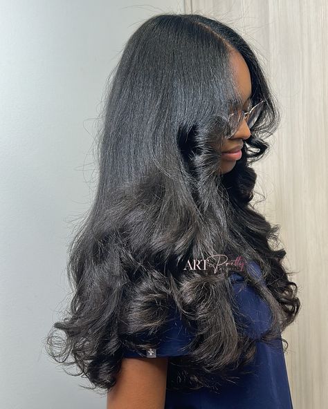 Relaxed Hair With Extensions, Sew In Yaki Straight, 16 Inch Clip In Extensions, Skill Press Hair, Silk Press With Volume, Yaki Straight Hairstyles, Silk Press Extensions, Yaki Clip In Hair Extensions, Silk Press Sew In