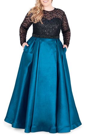 TY8B8 Mac Duggal Plus Size Long-Sleeve Satin Ball Gown with Sequin Bodice Carolina Herrera Gown, Satin Ball Gown, Long Sleeve Wedding Dress Lace, Army Wife, Anime Dress, فستان سهرة, Mac Duggal, Satin Gown, Curvy Outfits