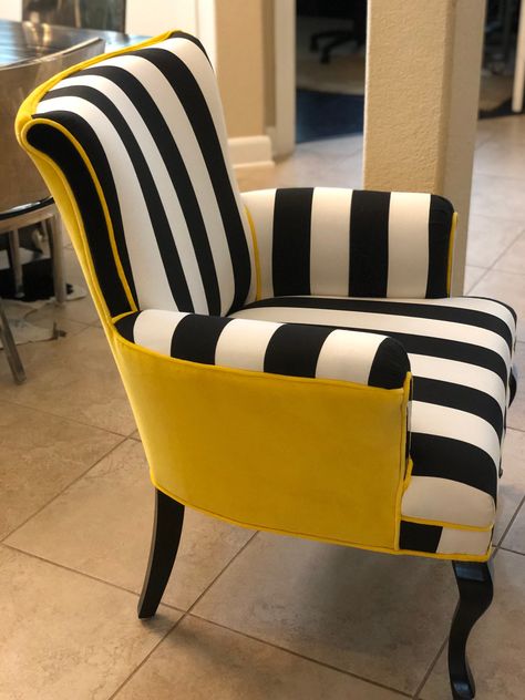 The price includes shipping and the chair. Estimated time frame is 2-3 week Striped Chair Living Room, Wing Chair Upholstery Ideas, Velvet Chairs Living Room, Upholstered Chairs Diy, Black And White Sofa, Wing Back Chair, Black And White Chair, Funky Chairs, Chair Ideas