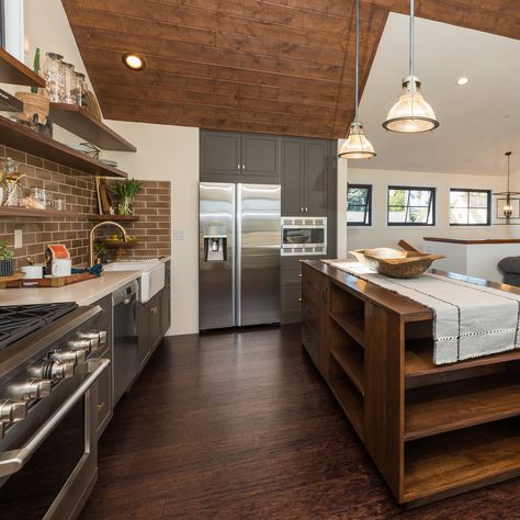 Modern Capitola Kitchen using Semihandmade Grey Shaker cabinet fronts  Supermatte Grey Shaker, Supermatte Desert Grey Shaker Design: Kari Consentino Location: Capitola, CA Cottage Interiors Kitchen, Modern Cabin Kitchen, Semihandmade Kitchen, Gray Shaker Cabinets, Modern Grey Kitchen, Kitchen Dark, Cabin Modern, Grey Kitchen Designs, Cabin Kitchen