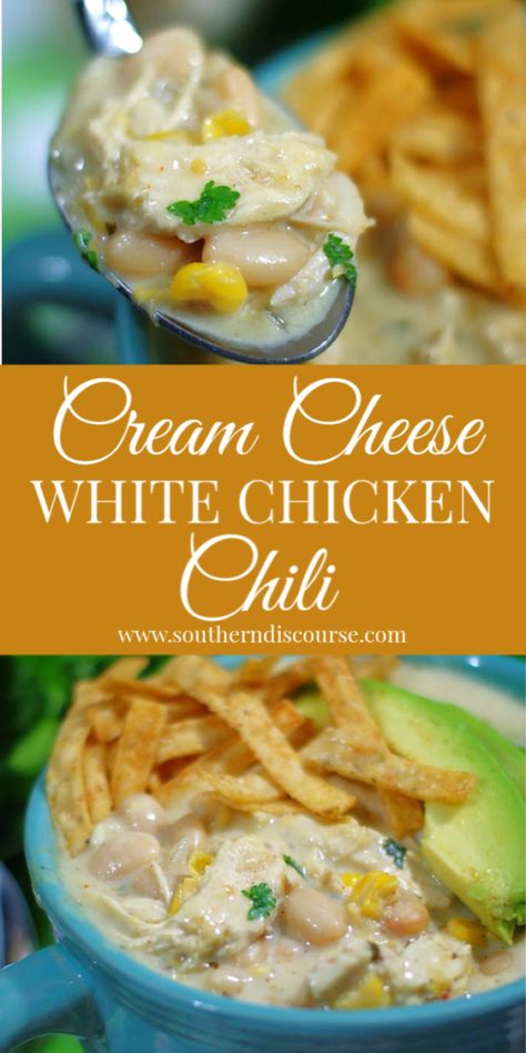 Out of This World Cream Cheese Chicken Chili - southern discourse Cream Cheese White Chicken Chili, Chili White Chicken, Chicken Chili White, White Chicken Chilli, White Chicken Chili Recipe Crockpot, Creamy Chicken Chili, Chili White, Cream Cheese Chicken Chili, White Chicken Chili Slow Cooker