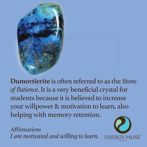 Dumortierite is known as the Stone of Patience. It is a very beneficial crystal for students because it is believed to increase your willpower and motivation to learn. #dumortierite #crystals #healing: Crystal Therapy, Crystal Healing Stones, Crystal Magic, Mineral Stone, Crystal Meanings, Minerals And Gemstones, Healing Jewelry, Rocks And Gems, Energy Crystals