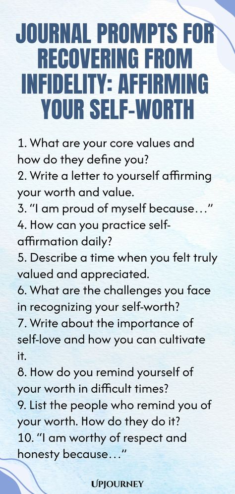 Explore powerful journal prompts designed to help you navigate the journey of recovering from infidelity and rebuilding your self-worth. These prompts will guide you through introspection, healing, and affirming your inner strength. Take the first step towards healing by acknowledging your worth and embracing a new chapter filled with self-love and empowerment. Let these prompts be your companion in this sacred journey of healing and growth. Self Worth Prompts, Work Etiquette, Psychology Terms, Couples Journal, Relationship Quizzes, Mental Health Activities, Journal Questions, Happiness Journal, Inner Work