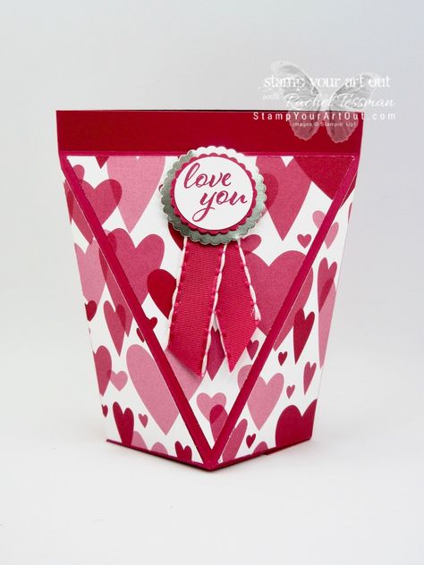 Click here to see several fun Valentine’s Day self-closing treat/gift boxes. I created many of them with the All My Love Designer Paper from the 2019 Occasions Catalog, but I also created a larger one with the Floral Romance Designer Paper, another new product in the 2019 Occasions Catalog. Click here to watch my how-to video, get measurements for the box, and see a complete list of supplies for the box that I demonstrate in my video. #stampyourartout #stampinup - Stampin’ Up!®️️️ Stampin Up Valentine Treat Holders 2023, Valentine Treat Holders Paper Crafts, Stampin Up Valentine Treat Holders, Valentine Treat Boxes Ideas, Valentines Paper Crafts, Valentine Treat Boxes, Treat Gift Boxes, Diy Valentine's Treats, Treat Boxes Diy