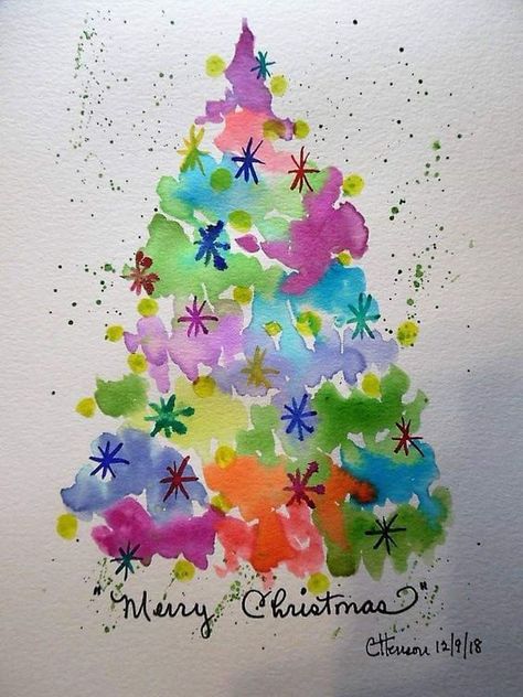 Watercolour Xmas Cards, Christmas Watercolour Painting, Water Colour Christmas Cards Ideas, Watercolor Christmas Card Ideas, Watercolor Christmas Cards Diy, Painted Christmas Cards, Watercolor Christmas Tree, Christmas Card Art, Hur Man Målar