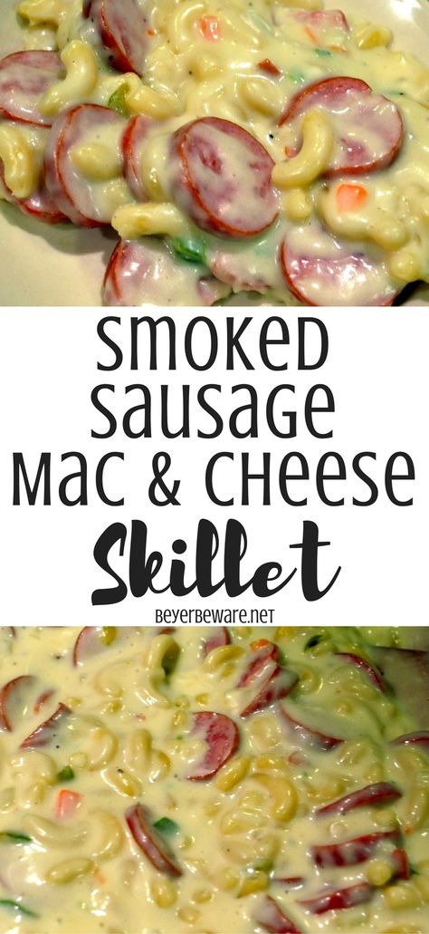 This creamy recipe for smoked sausage mac and cheese is a one pot meal that is ready in less than 30 minutes for a hearty weeknight meal. Smoked Sausage Mac And Cheese, Sausage Mac And Cheese, Ham Dinner Recipes, Mom Meals, Picnic Potluck, Smoked Sausage Recipes, Kitchen Favorites, Creamy Recipes, Easy Skillet