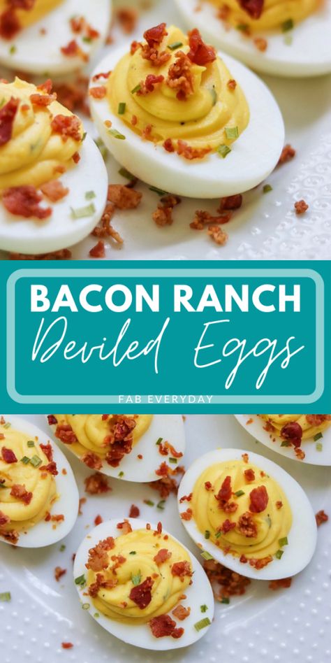 If you’re a ranch and bacon lover like me, you need today’s recipe for ranch deviled eggs with bacon in your life. Take your Easter or party menu up a notch with these deviled eggs with a twist! Bacon Ranch Deviled Eggs are a deliciously unique deviled egg idea, and are very easy to make. Click or vist FabEveryday.com for the full deviled eggs recipe. Bacon Ranch Deviled Eggs, Ranch Deviled Eggs, Sriracha Deviled Eggs, Thanksgiving Deviled Eggs, Easter Deviled Eggs, Devilled Eggs Recipe Best, Deviled Eggs Recipe Classic, Devilled Eggs, Best Deviled Eggs