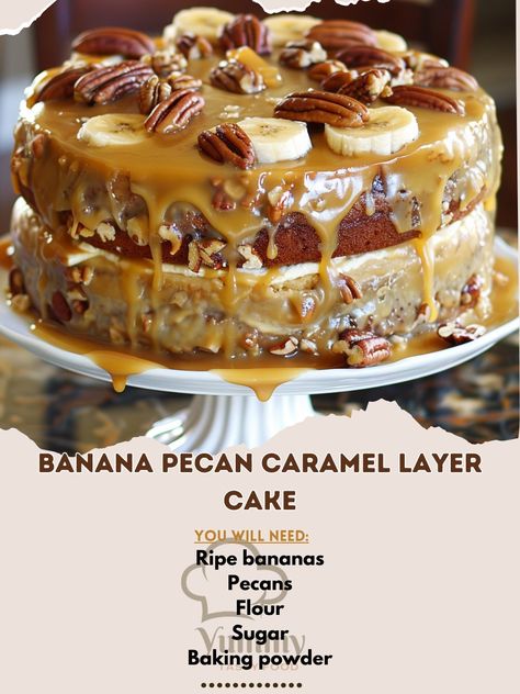 🍌🍰 Indulge in our luscious Banana Pecan Caramel Layer Cake! #BananaPecanCake #DessertGoals Banana Pecan Caramel Layer Cake Ingredients: Ripe bananas (3, mashed) Pecans (1 cup, chopped) Flour (2 cups) Sugar (1 cup) Baking powder (1 tsp) Baking soda (1 tsp) Eggs (2) Butter (1/2 cup, melted) Caramel sauce (1/2 cup) Instructions: Preheat oven to 350°F (175°C). Grease and flour two 9-inch round cake pans. Mix flour, baking powder, and baking soda in a bowl. In another bowl, beat eggs, sugar, a... Melted Caramel Sauce, Caramel Layer Cake, Melted Caramel, Banana Butter, How To Melt Caramel, Pecan Cake, Caramel Pecan, Cake Fillings, Ripe Bananas