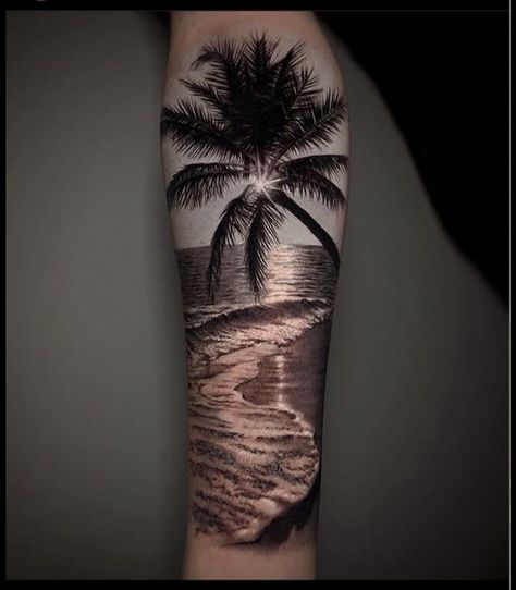 Beach Inspired Tattoos, Tattoos Illustration, Tattoo Beach, Beachy Tattoos, Tropical Tattoo, Sunset Tattoos, Palm Tattoos, Peisaj Urban, Men Tattoos Arm Sleeve