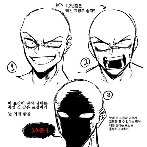 Expression Board Drawing, Drawing Anime Expressions, Distraught Expression Reference, Enraged Expression Drawing, Messy Bangs Drawing, Face Direction Reference, Smile With Fangs Drawing, Evil Smirk Drawing Reference, Insanity Face Expression